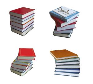 Set of four piles of books on isolated background